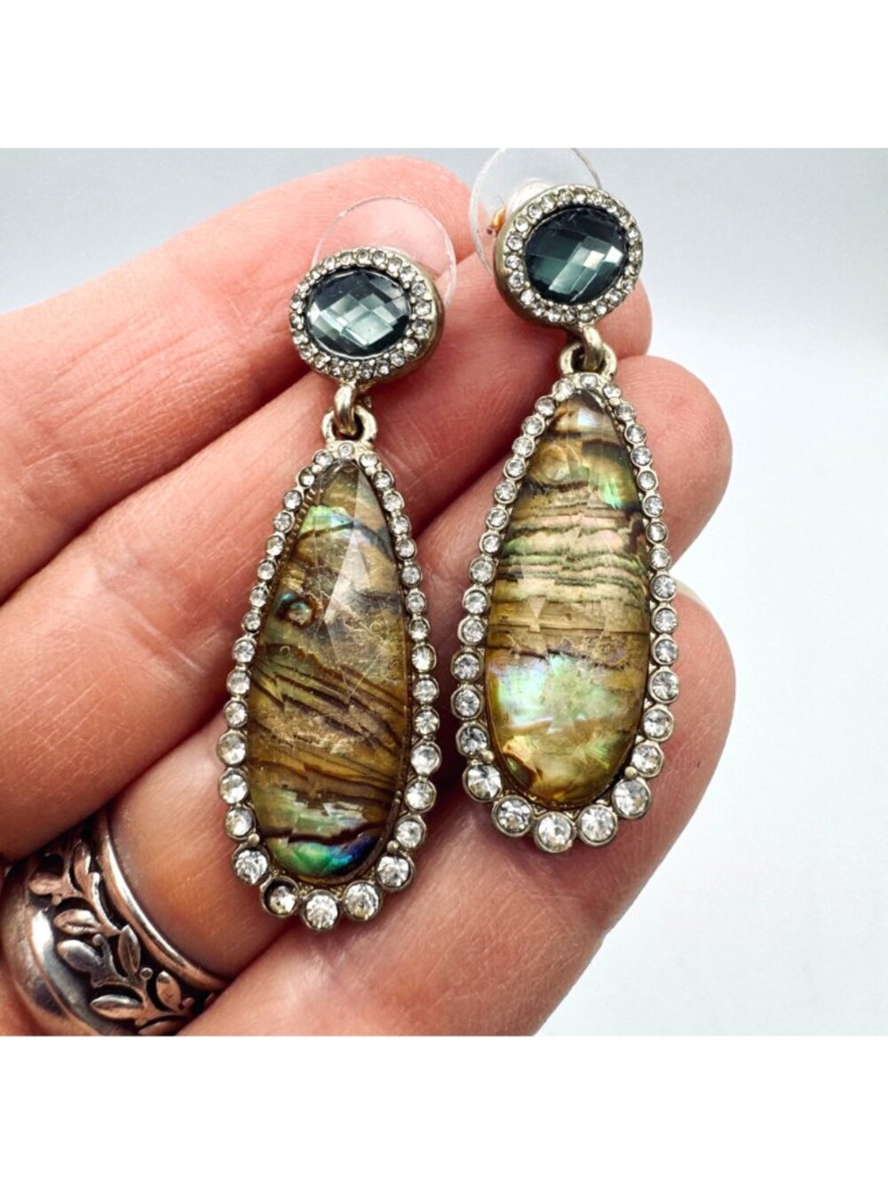 Boho Chic Art Glass Drop Dangle Earrings CZ Pave Trim Gold Washed tests at 12kt - Picture 2 of 8